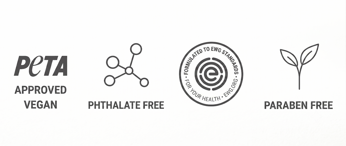 PETA-approved vegan, phthalate free, formulated to EWG standards, paraben free