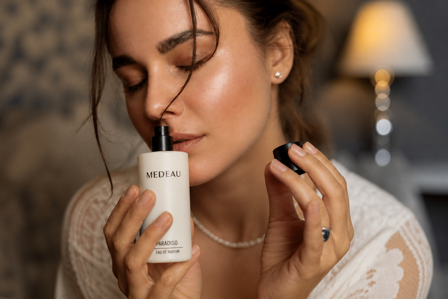 A woman holding a Medeau Paradiso eau de parfum bottle to her nose