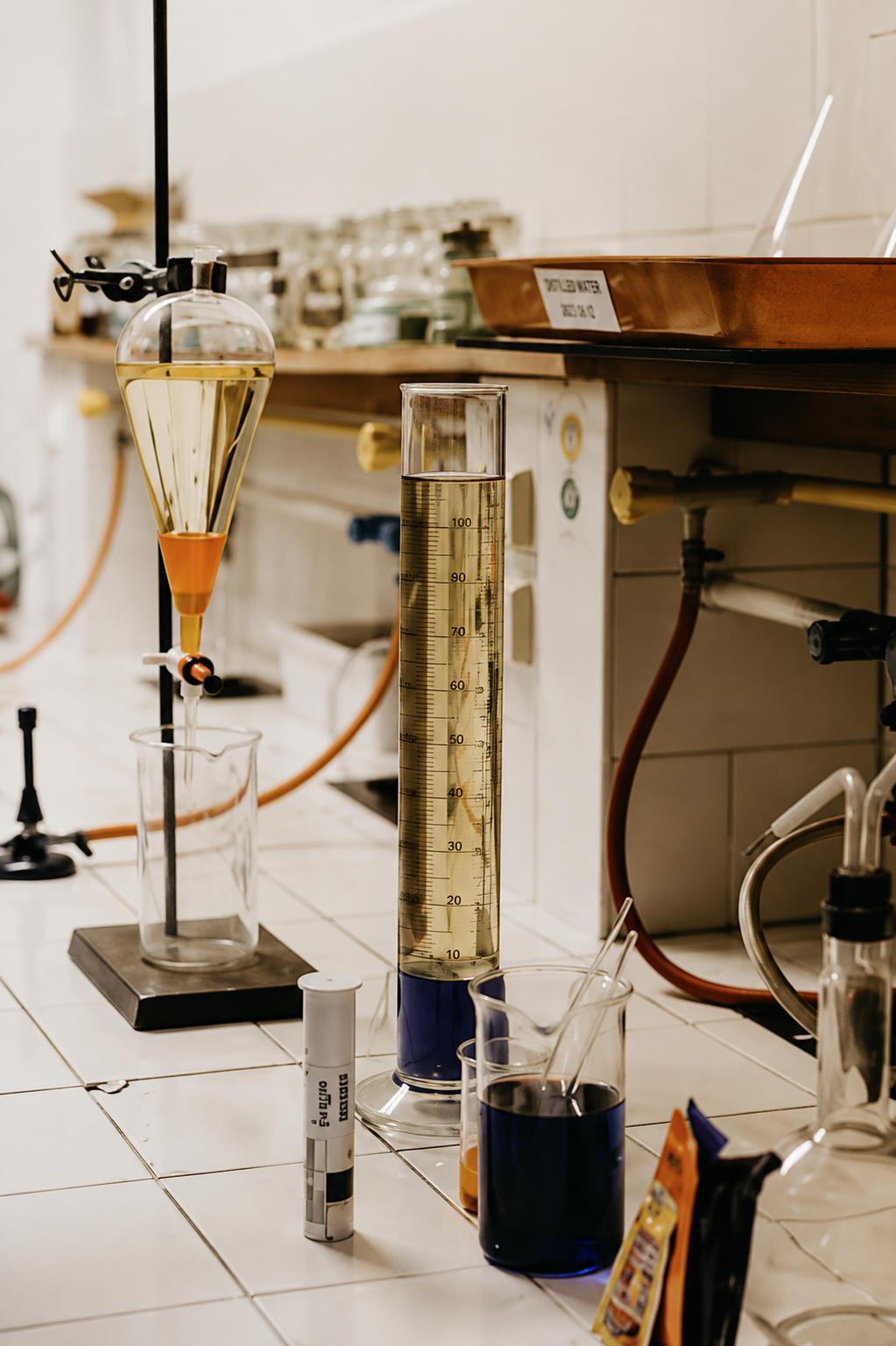 A perfumery lab bench with a separating funnel, measuring cylinder and beakers